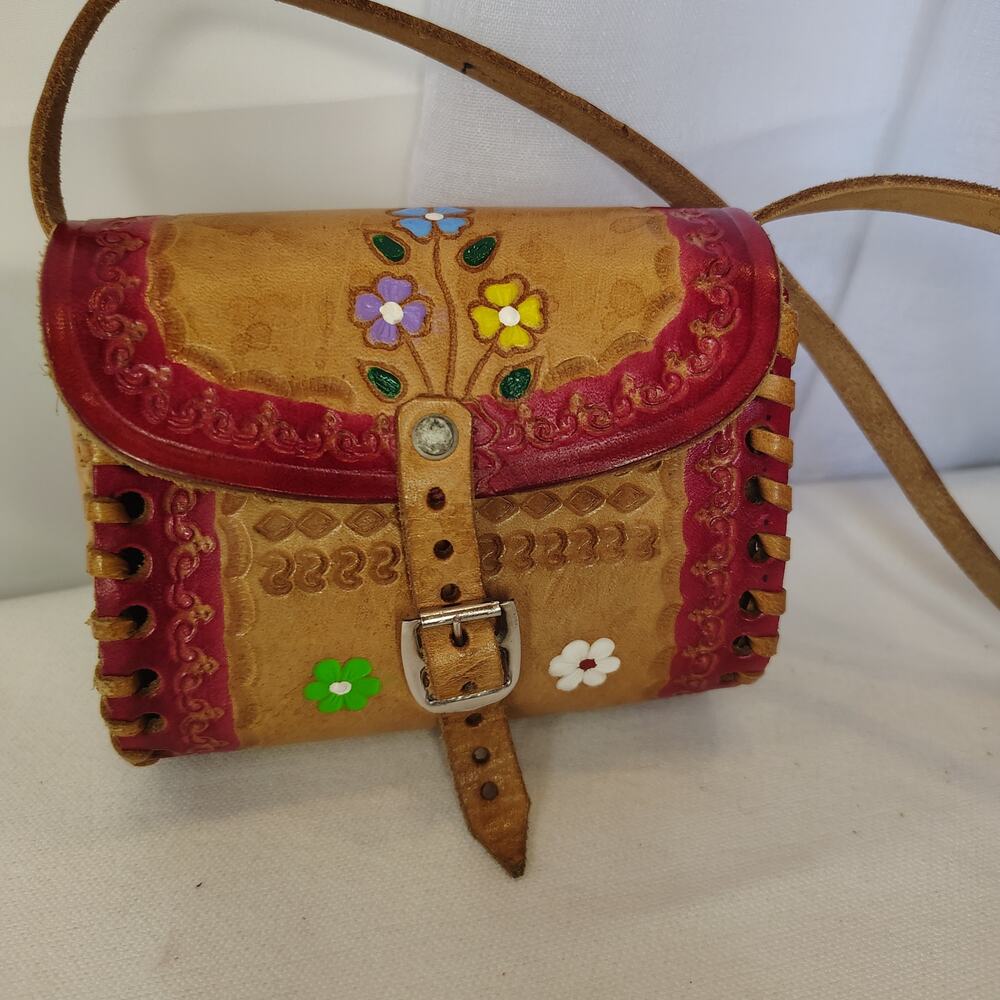 Vintage Hand Tooled Leather Floral Crossbody Bag Boho Folk Art Whipstitched bag